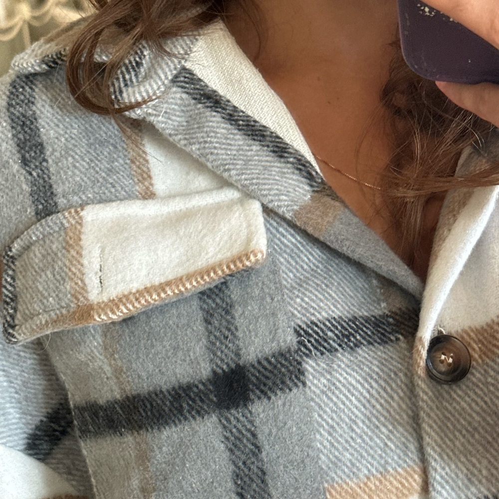 NWOT Amazon White, Grey, & Brown Plaid Coat (S)